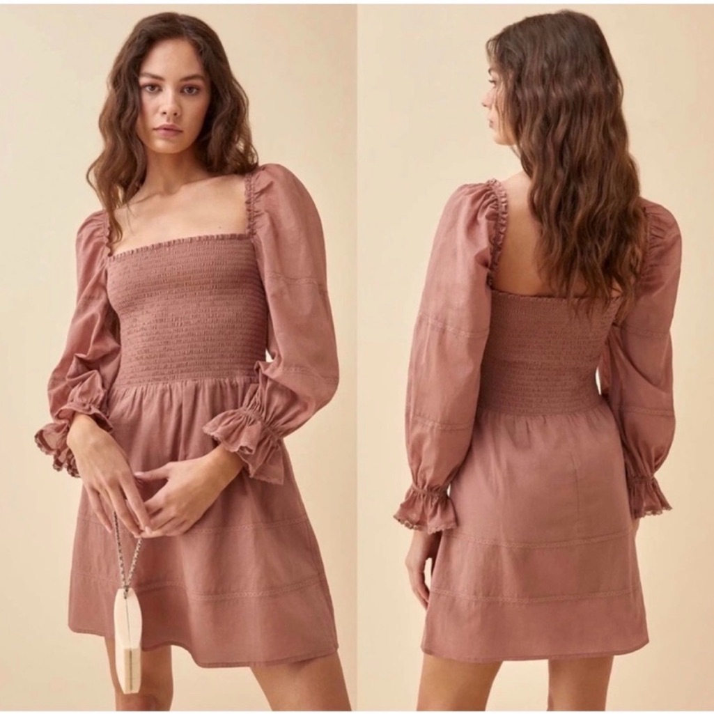 Reformation Dunes Smocked Mini Dress In The Color Praline Organic Cotton Sz 12